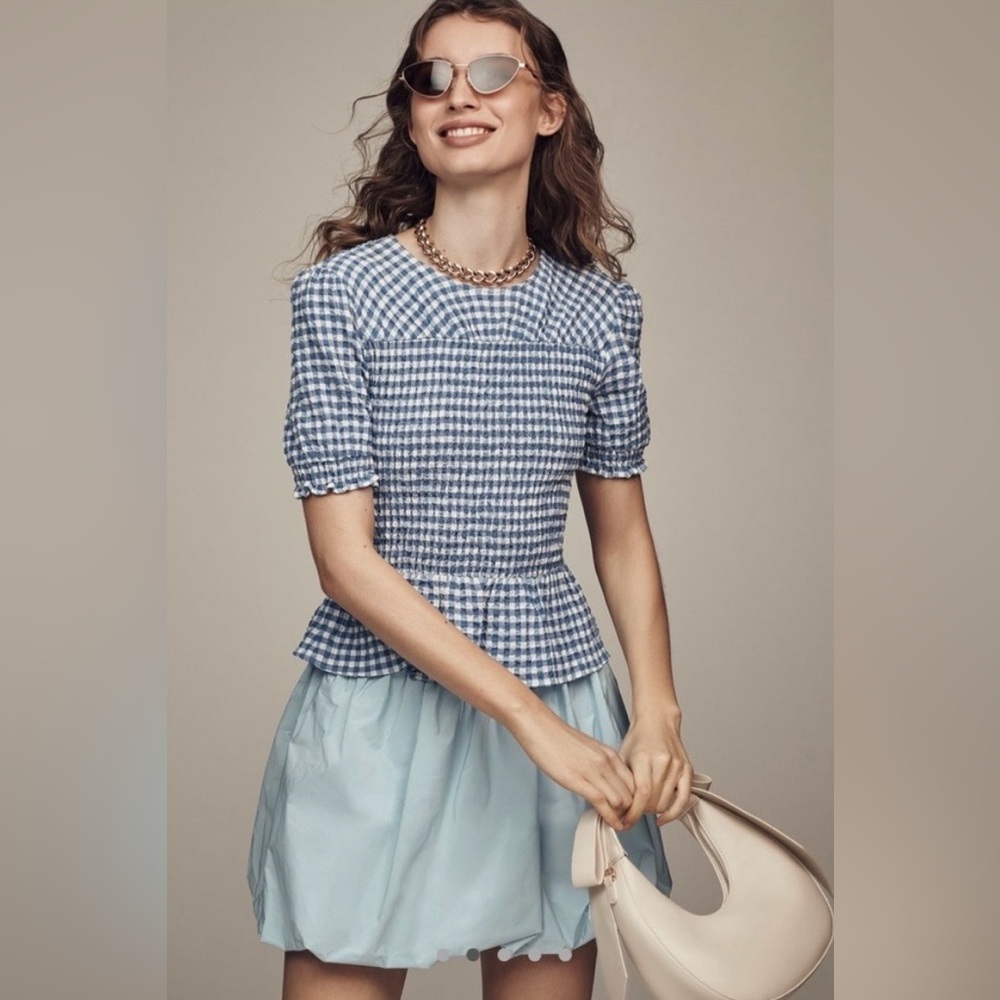 Maeve Smocked-Bodice Puff-Sleeve Blouse. Size Medium. Blue.